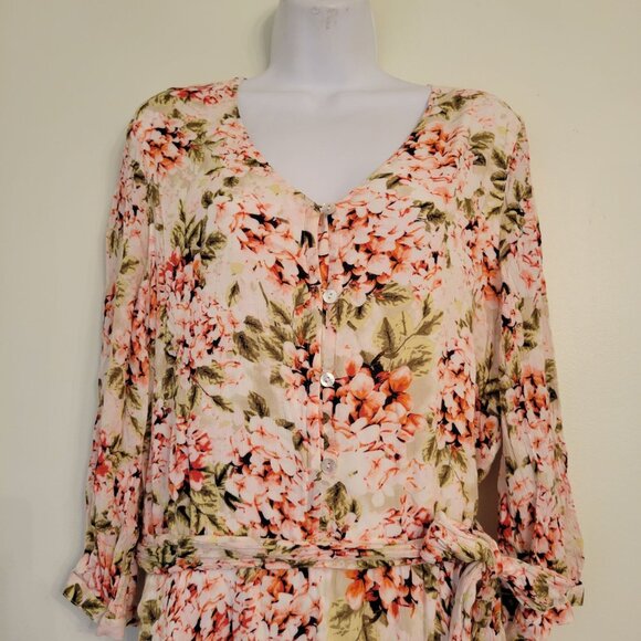 J Jill Floral Midi Belted Dress M Pink Green V Neck Rayon Dainty Feminine Easter - Picture 7 of 8